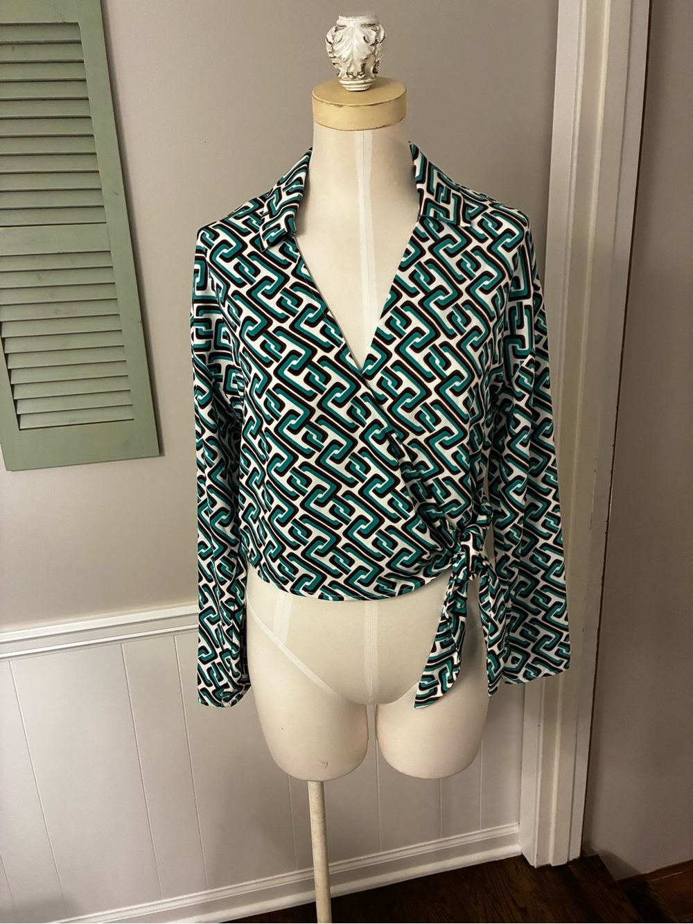 Geometric Teal & White Wrap Blouse with Long Sleeves